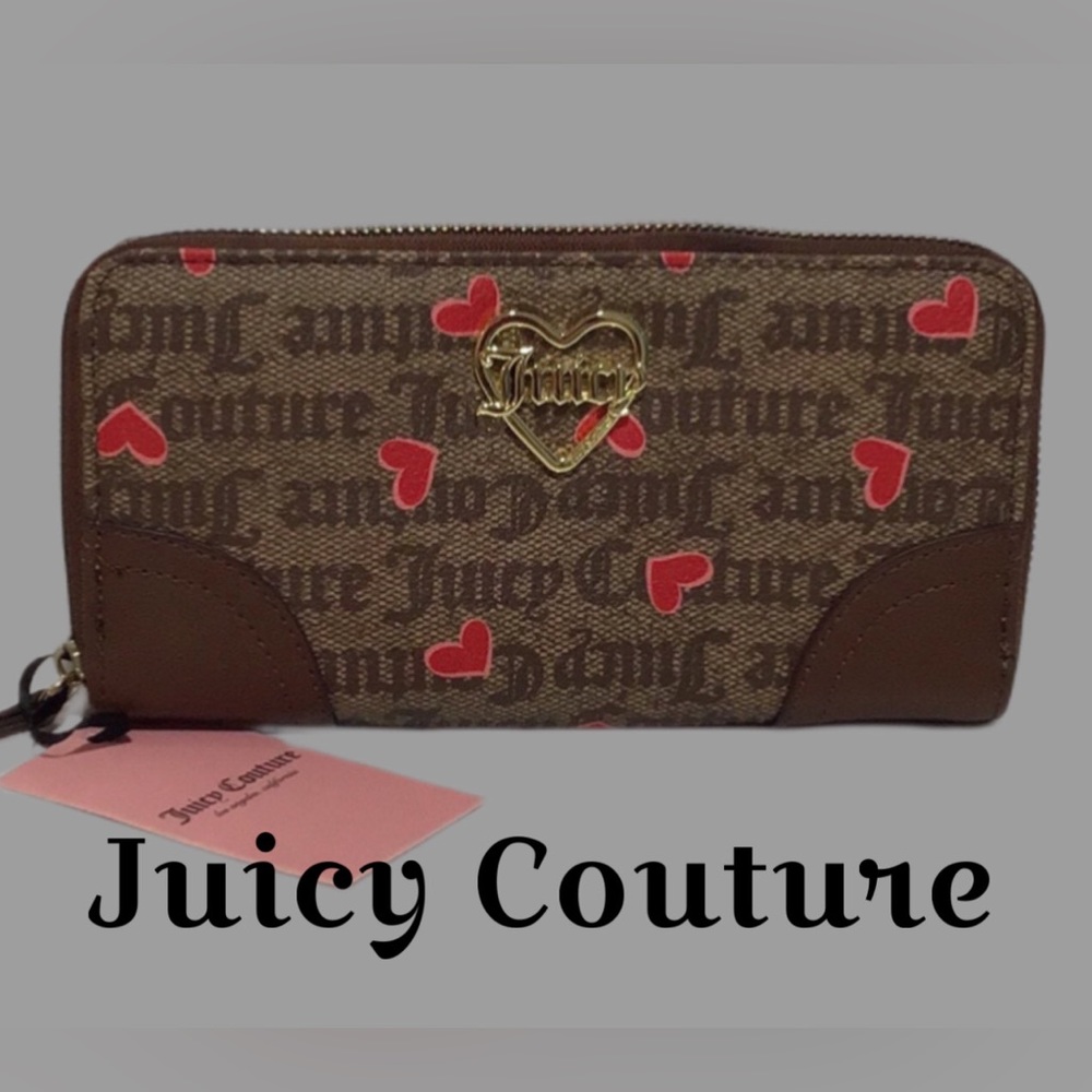 NWT Juicy‎ Couture Zip-Around Wallet, Chestnut Chino, Logo Print w/Red Hearts